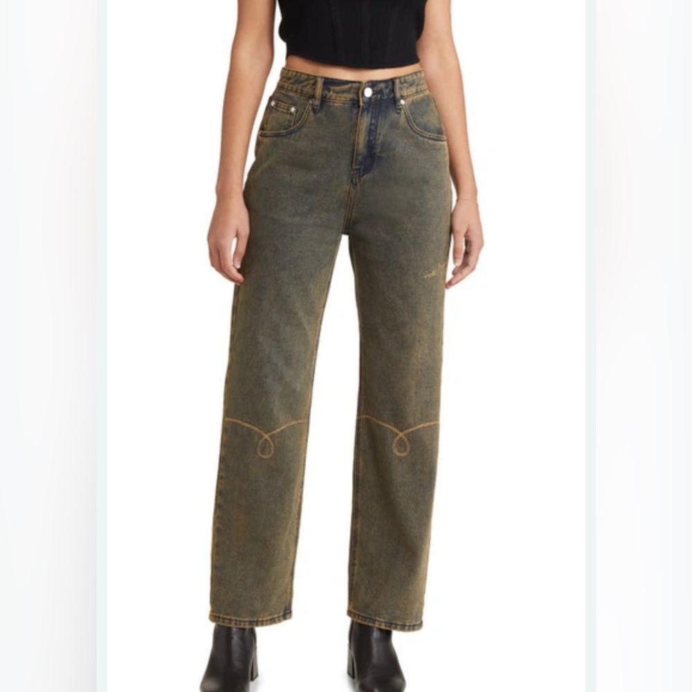 HOUSE OF SUNNY Courtyard Embroidered Straight‎ Leg Jeans In Clay Size Large